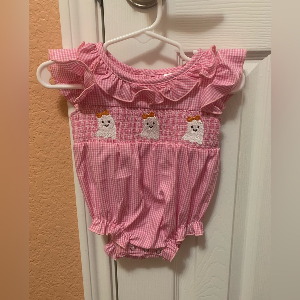 Pink Gingham Baby Bubble 0-3 month Romper with Ghost Embroidery New Halloween